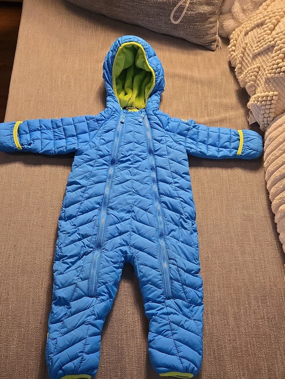 Snozu Blue One-Piece Quilted Snowsuit with Lime Trim